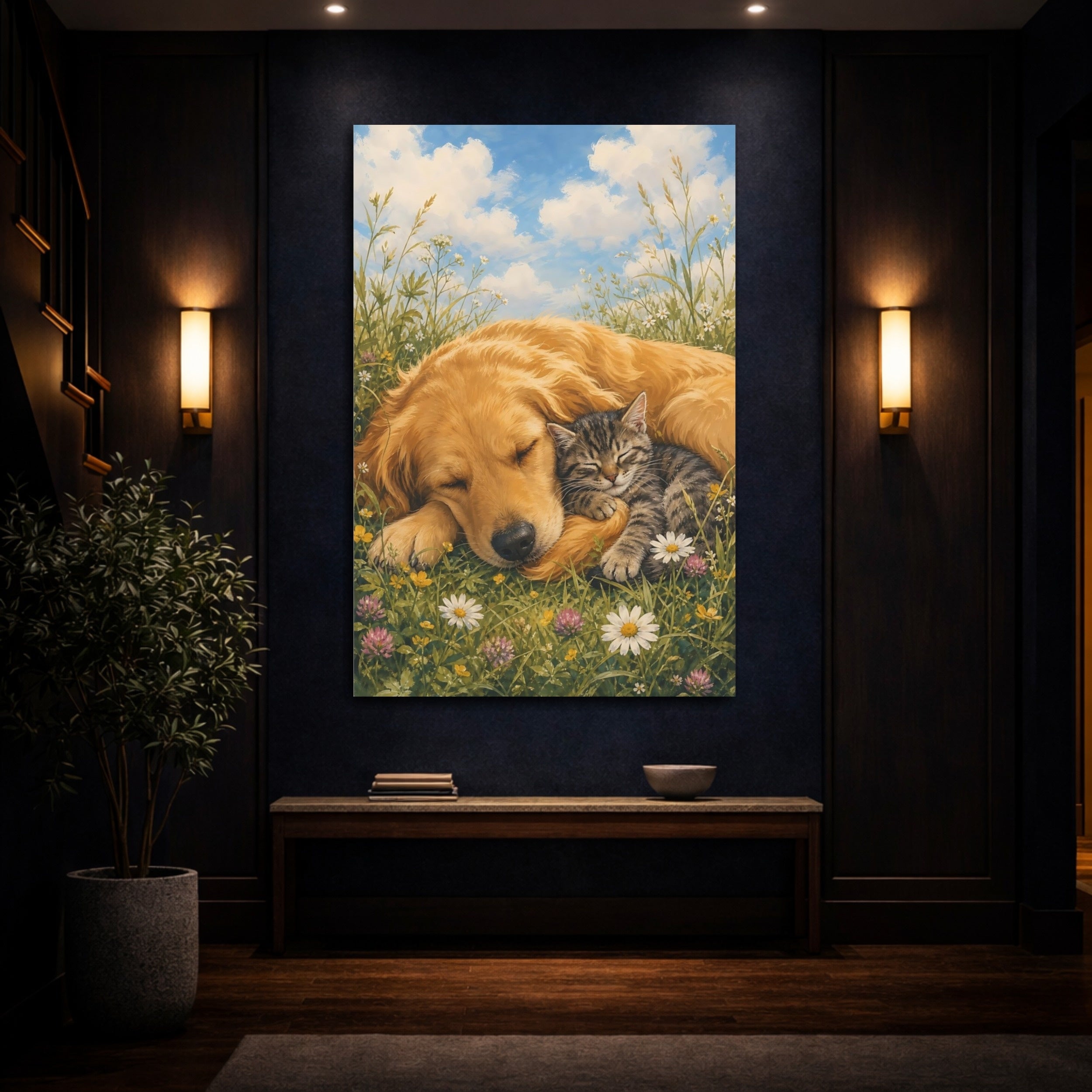 Mockup 4. Animals Dog And Cat Sleeping Animals Meadow shown as stretched canvas wall art