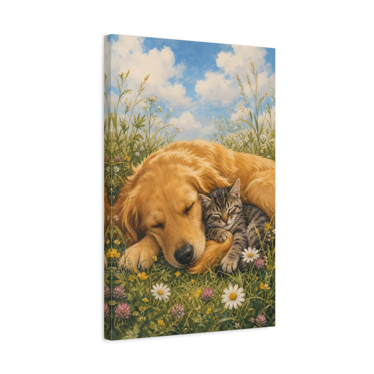 Side Mockup 3. Animals Dog And Cat Sleeping Animals Meadow shown as stretched canvas wall art
