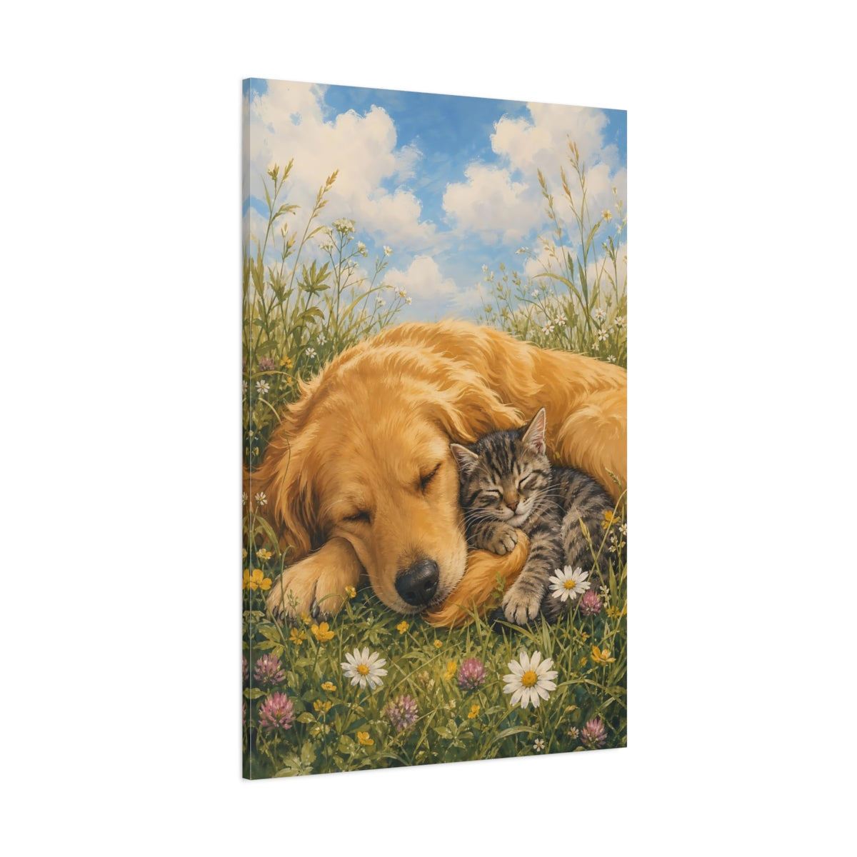 Side Mockup 1. Animals Dog And Cat Sleeping Animals Meadow shown as stretched canvas wall art