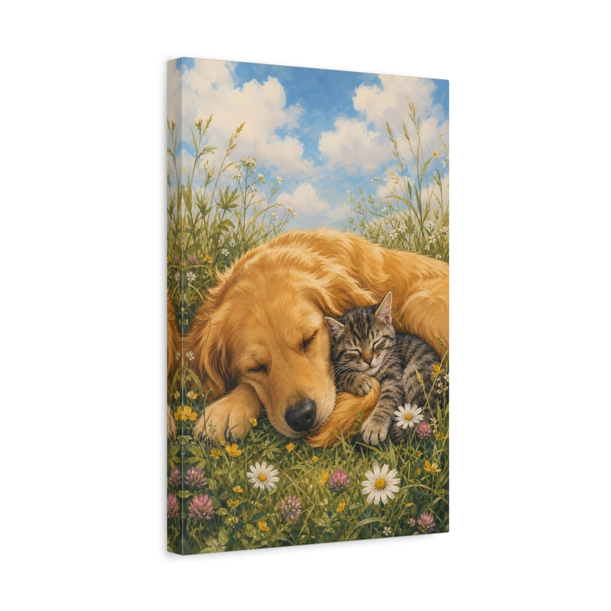 Side Mockup 4. Animals Dog And Cat Sleeping Animals Meadow shown as stretched canvas wall art