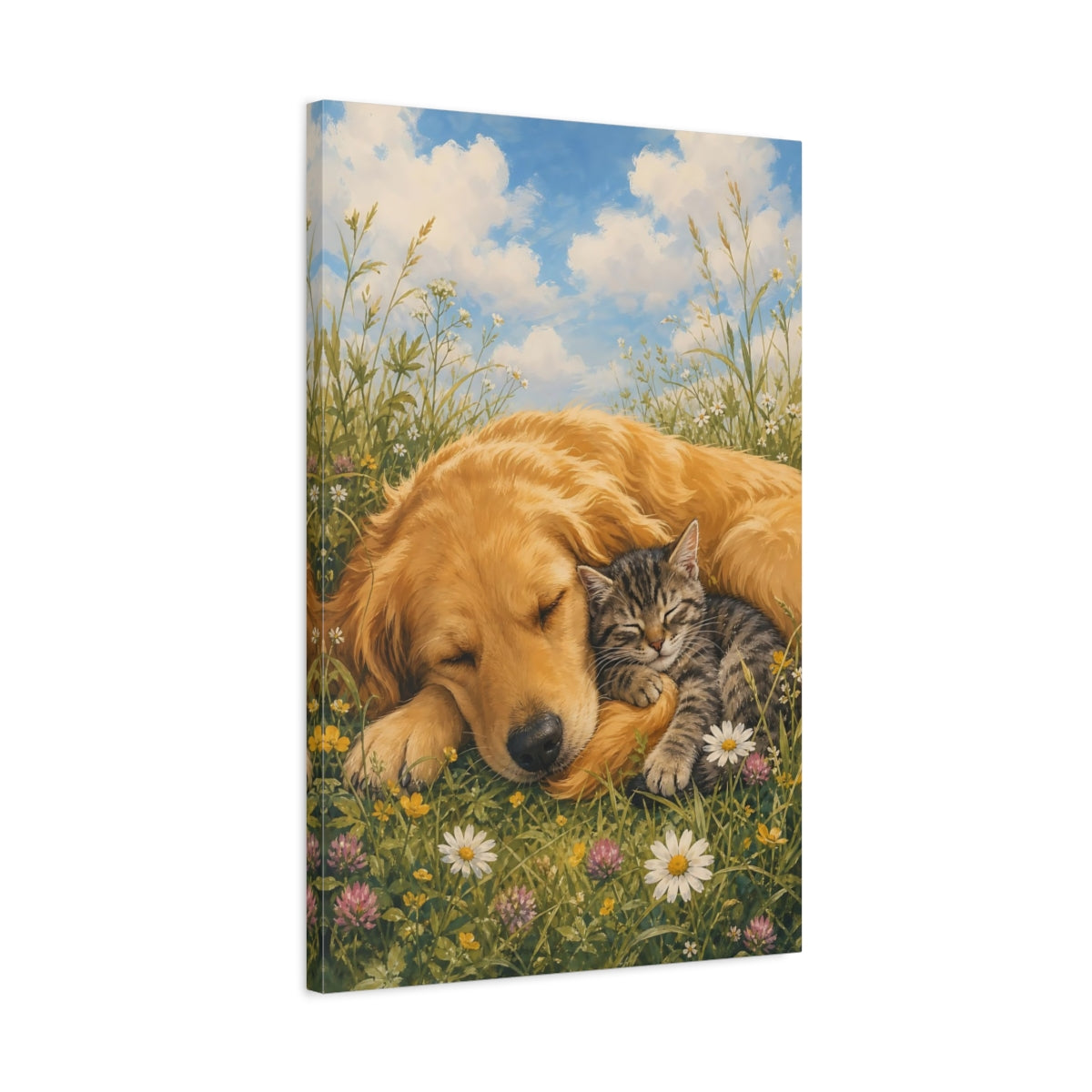 Side Mockup 2. Animals Dog And Cat Sleeping Animals Meadow shown as stretched canvas wall art