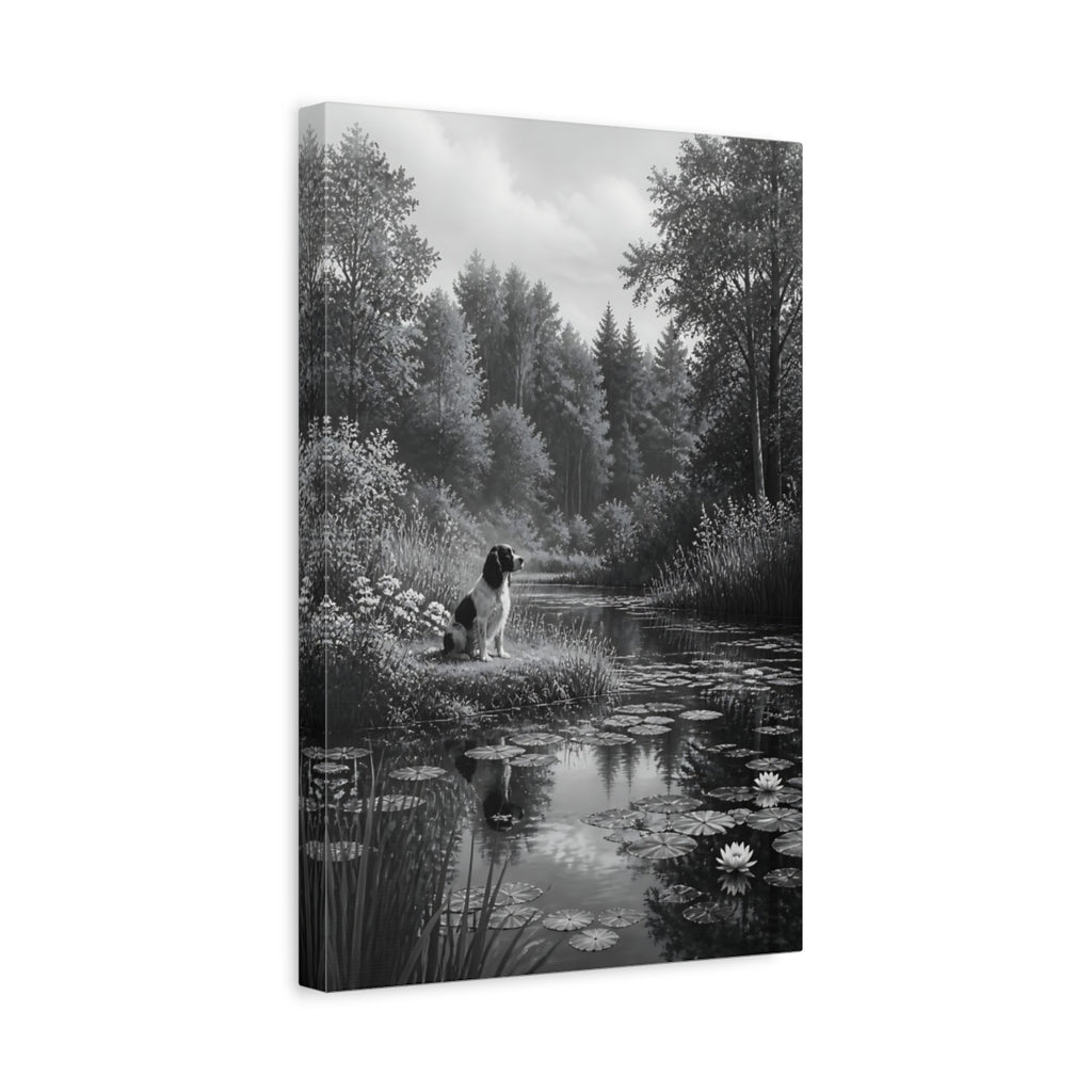 Side Mockup 4. Animals Dog Black And White Dog shown as stretched canvas wall art