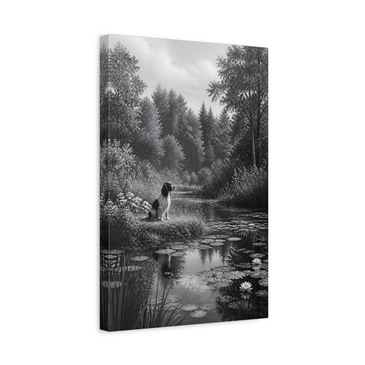 Side Mockup 4. Animals Dog Black And White Dog shown as stretched canvas wall art