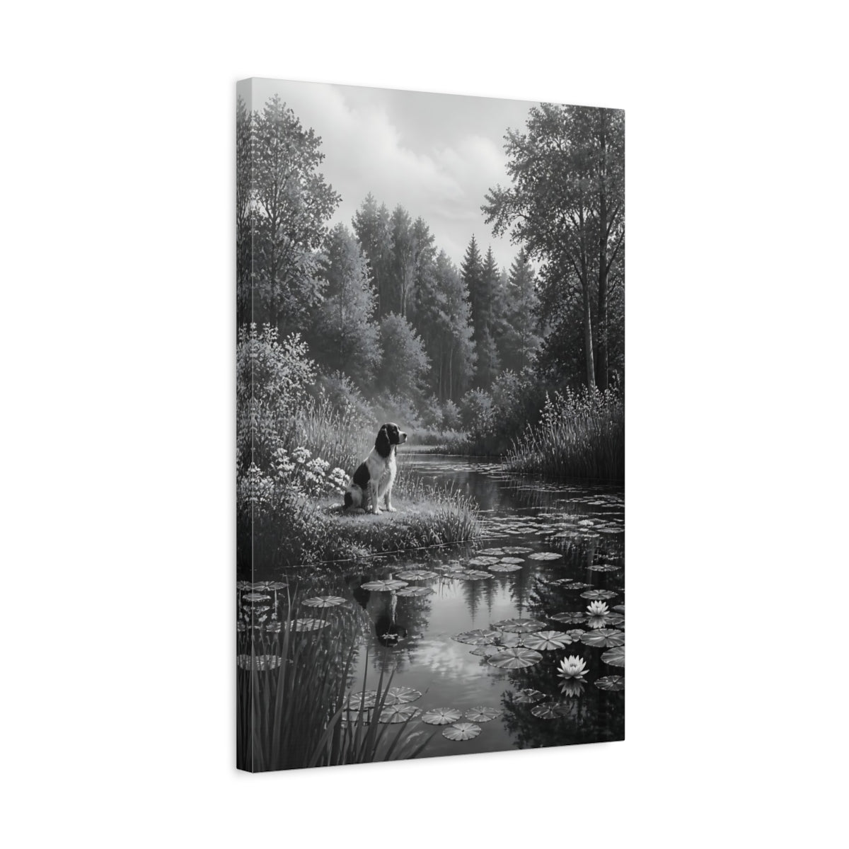 Side Mockup 3. Animals Dog Black And White Dog shown as stretched canvas wall art