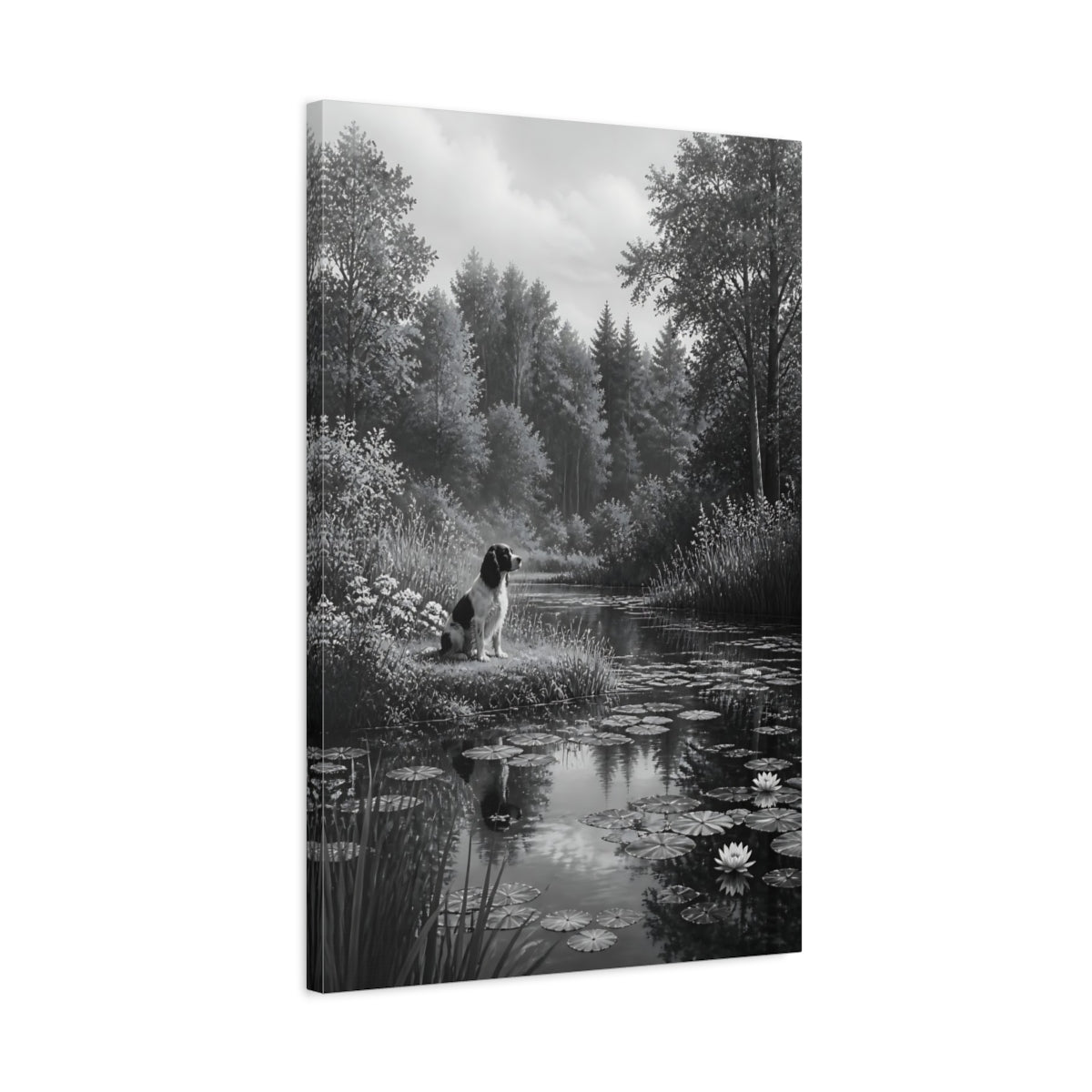 Side Mockup 2. Animals Dog Black And White Dog shown as stretched canvas wall art