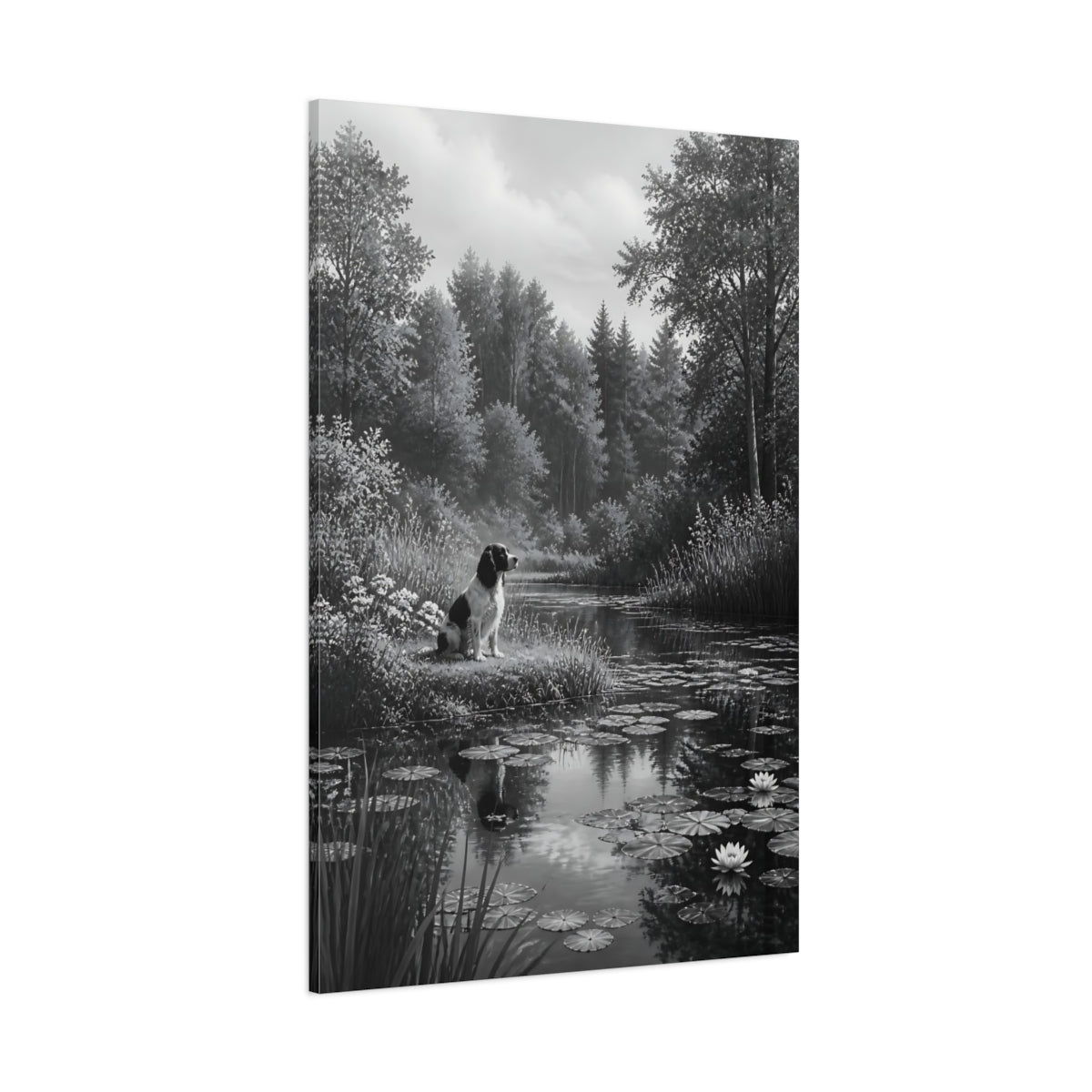 Side Mockup 1. Animals Dog Black And White Dog shown as stretched canvas wall art