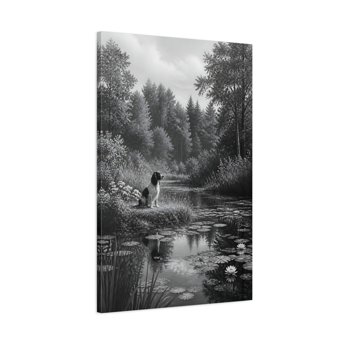 Main Mockup. Animals Dog Black And White Dog shown as stretched canvas wall art