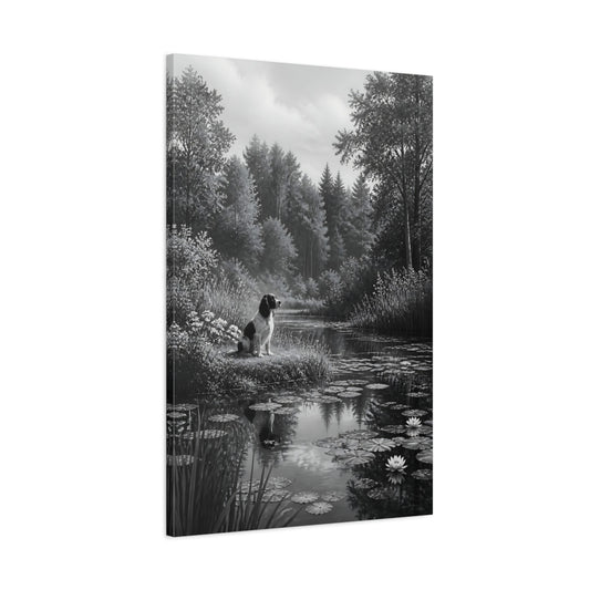 Main Mockup. Animals Dog Black And White Dog shown as stretched canvas wall art