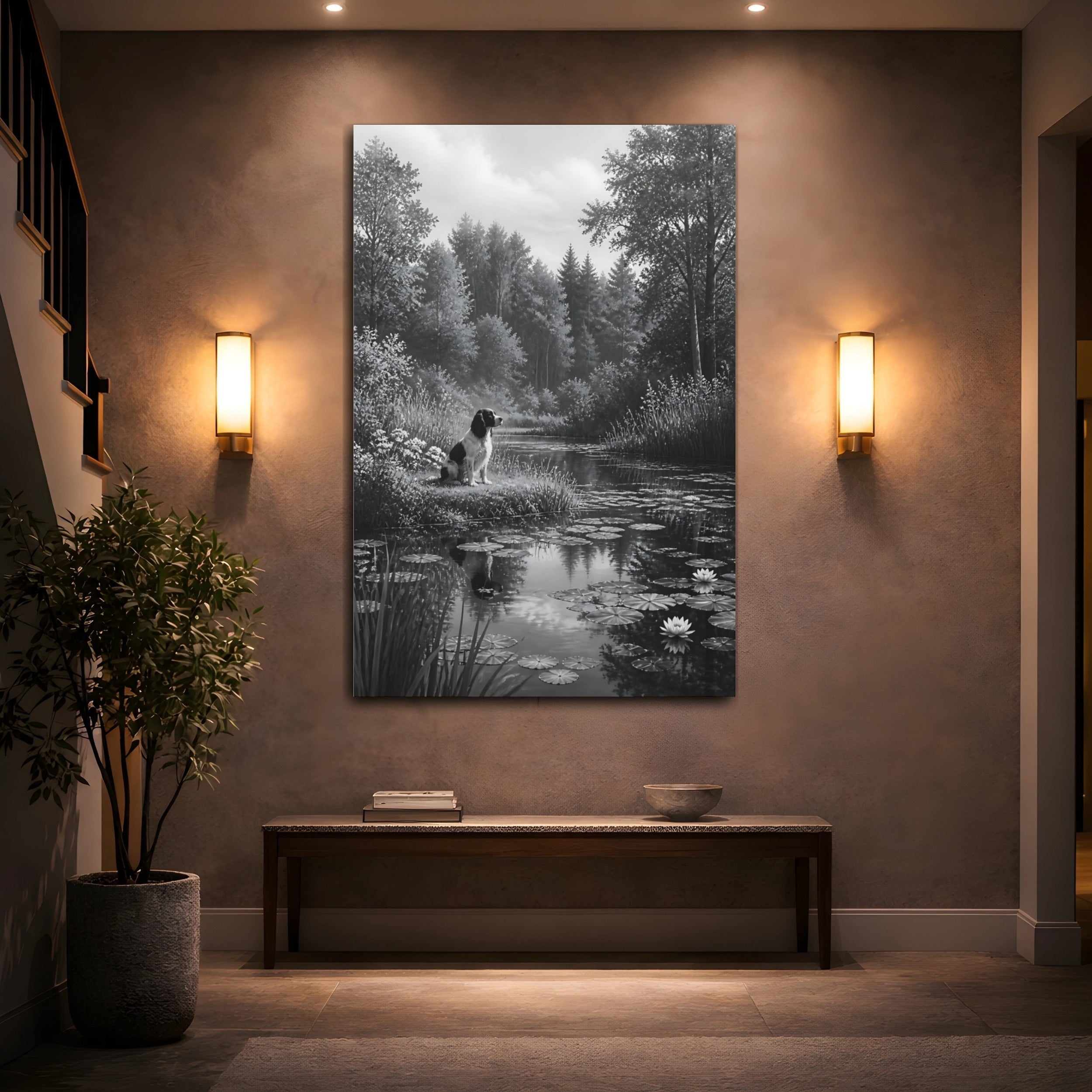 Mockup 2. Animals Dog Black And White Dog shown as stretched canvas wall art