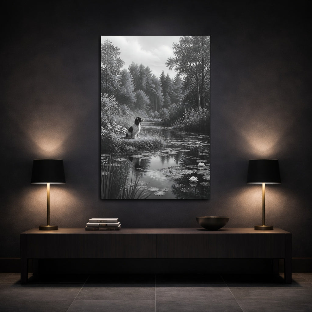Mockup 3. Animals Dog Black And White Dog shown as stretched canvas wall art
