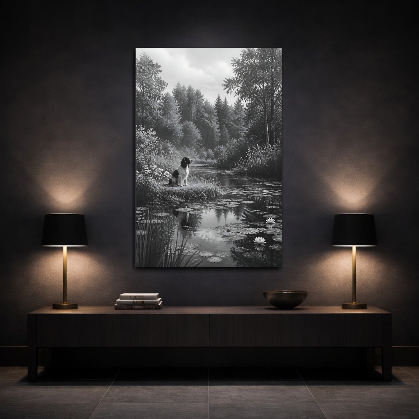 Mockup 3. Animals Dog Black And White Dog shown as stretched canvas wall art