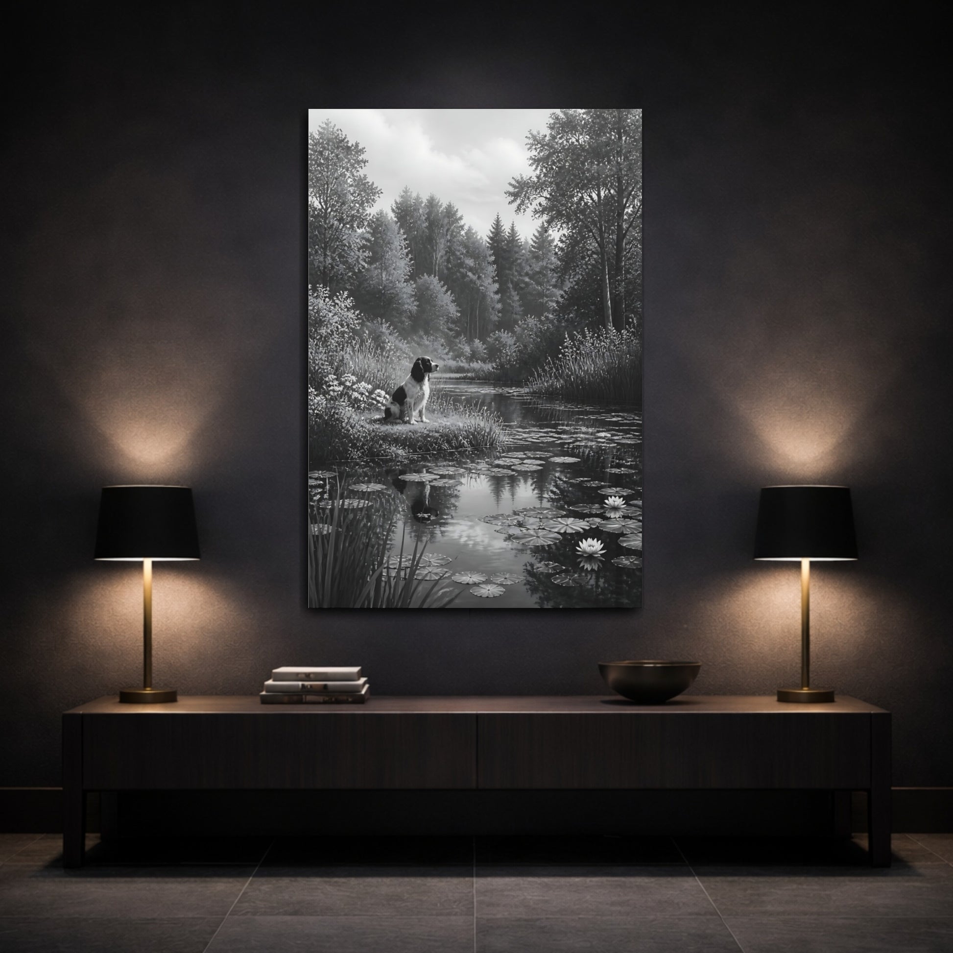 Mockup 3. Animals Dog Black And White Dog shown as stretched canvas wall art