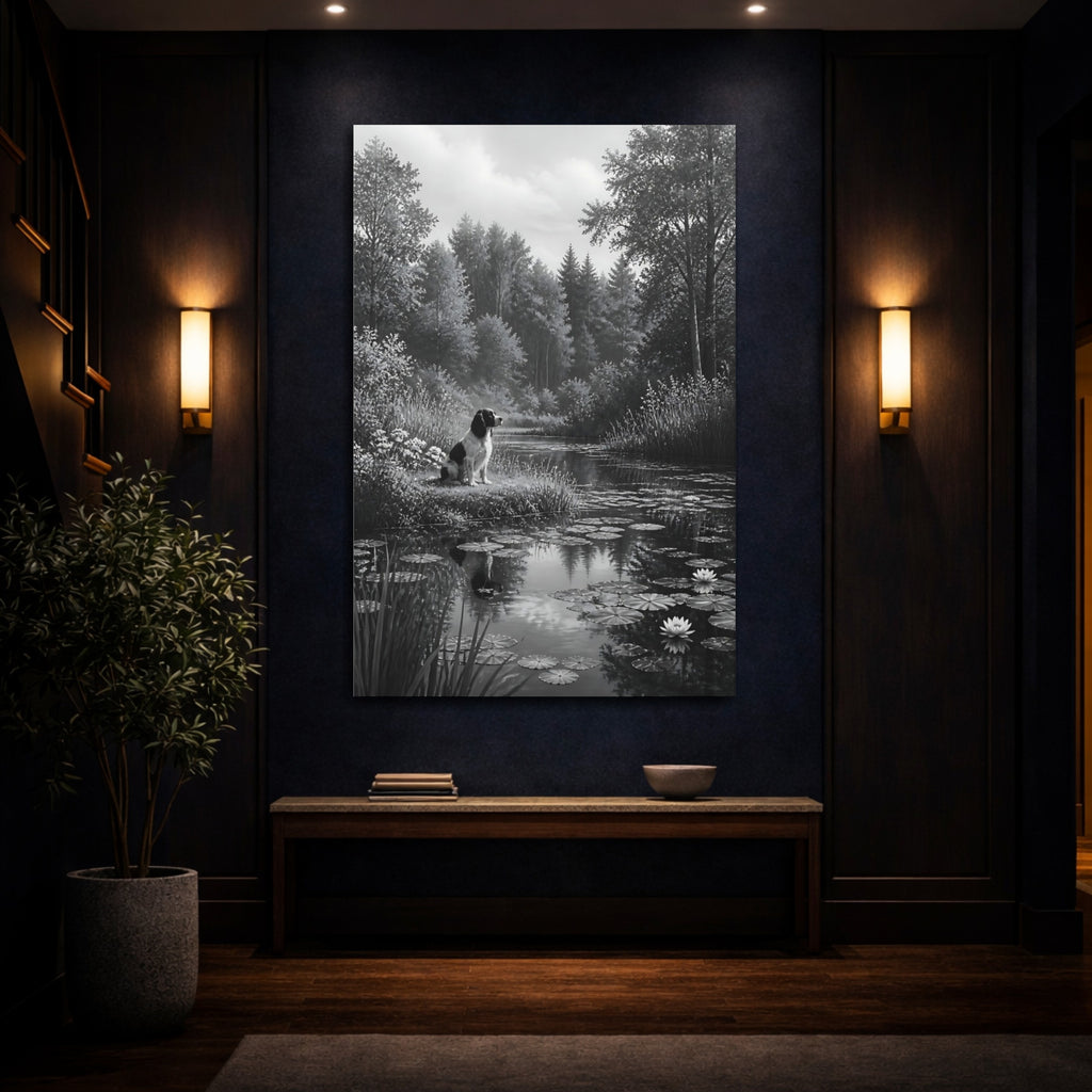 Mockup 4. Animals Dog Black And White Dog shown as stretched canvas wall art