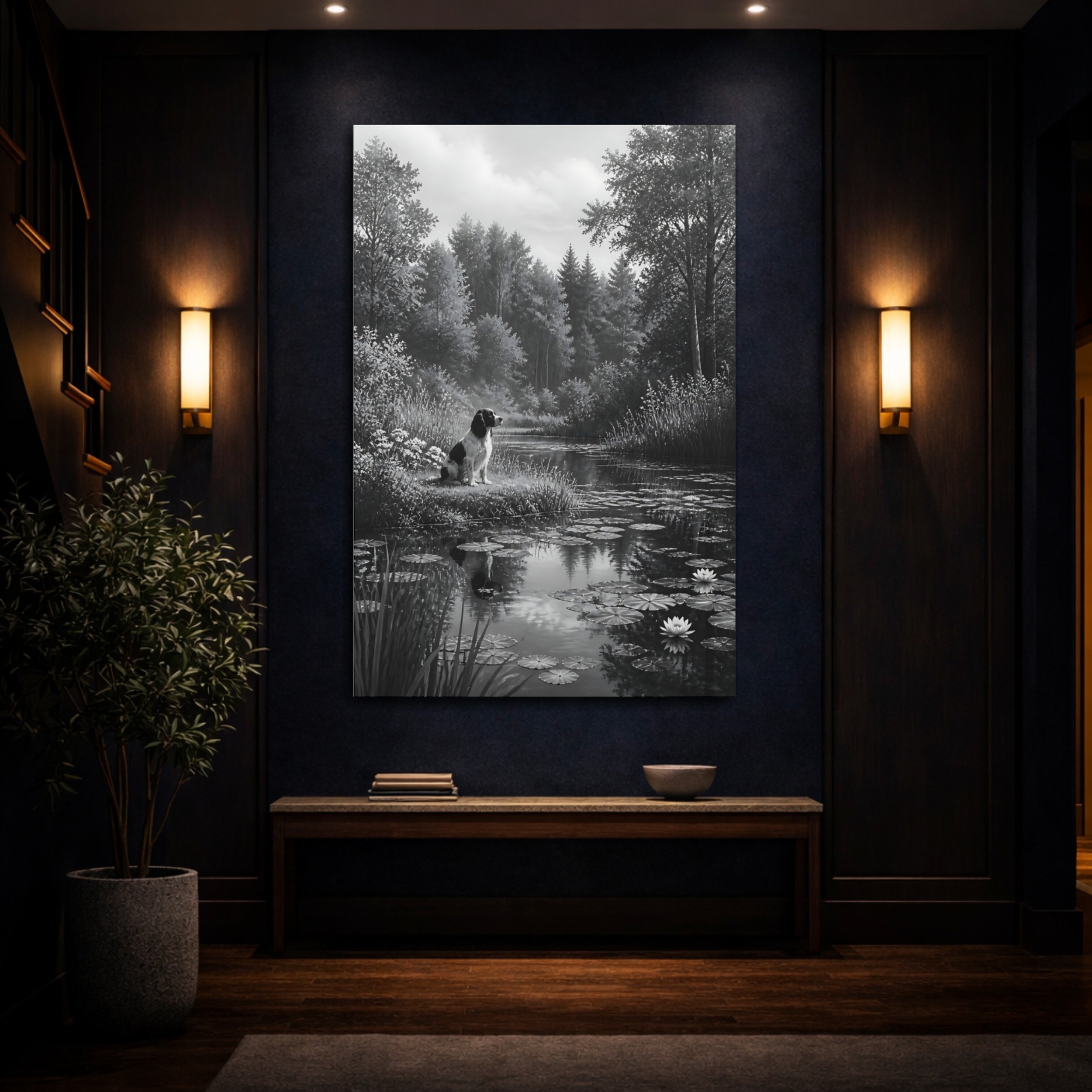 Mockup 4. Animals Dog Black And White Dog shown as stretched canvas wall art