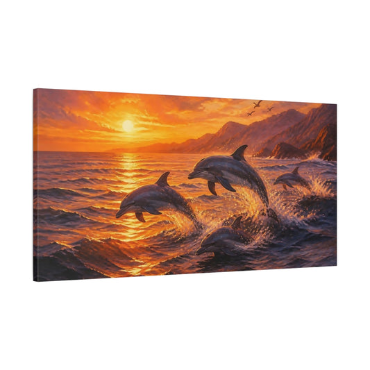 Main Mockup. Animals Dolphins Orange Sunset shown as stretched canvas wall art