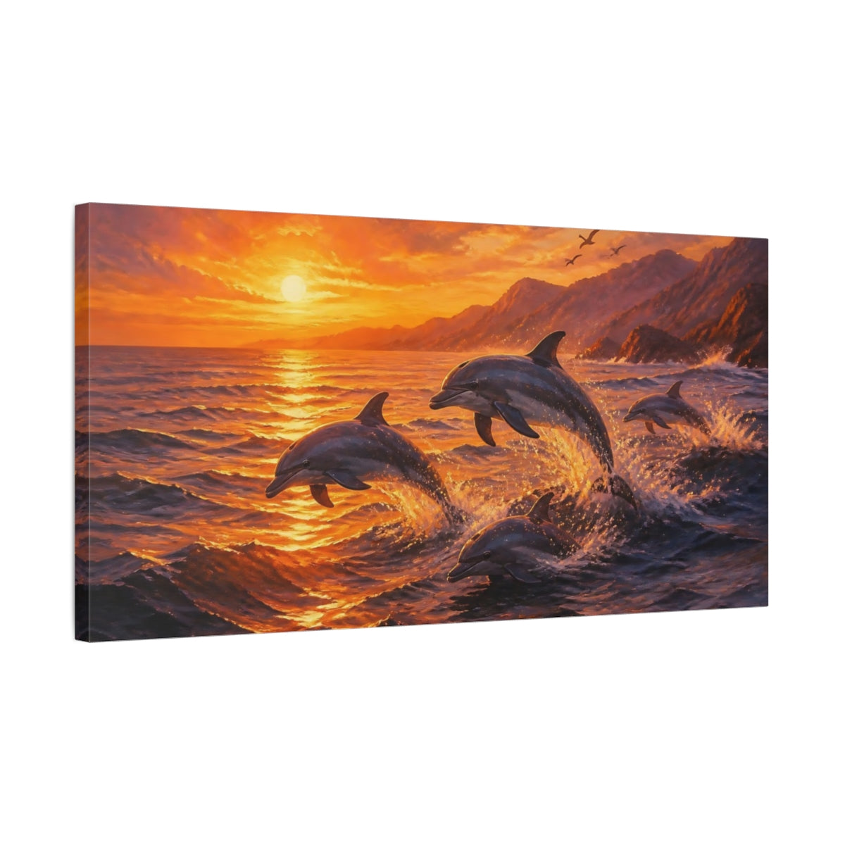 Side Mockup 1. Animals Dolphins Orange Sunset shown as stretched canvas wall art