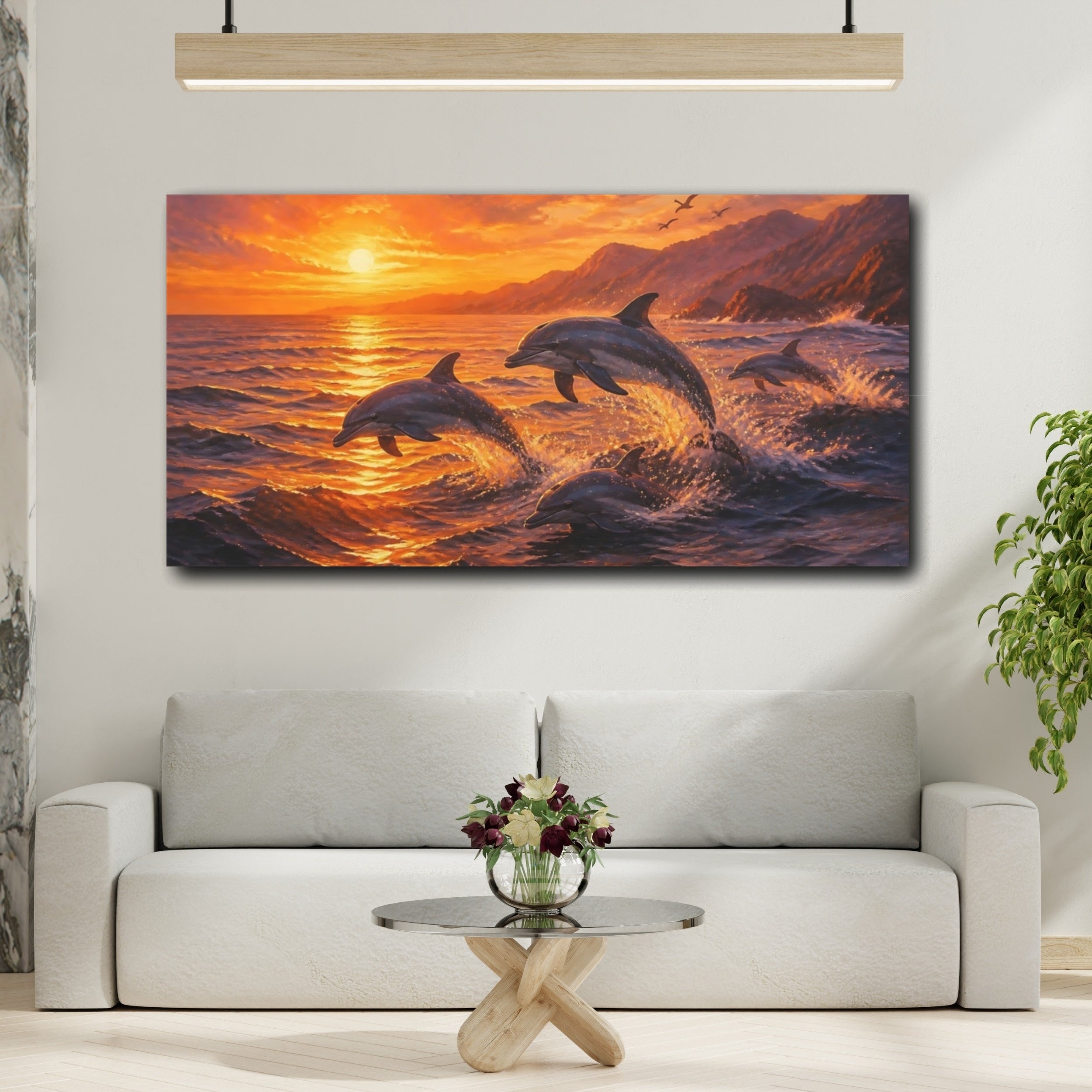 Mockup 2. Animals Dolphins Orange Sunset shown as stretched canvas wall art
