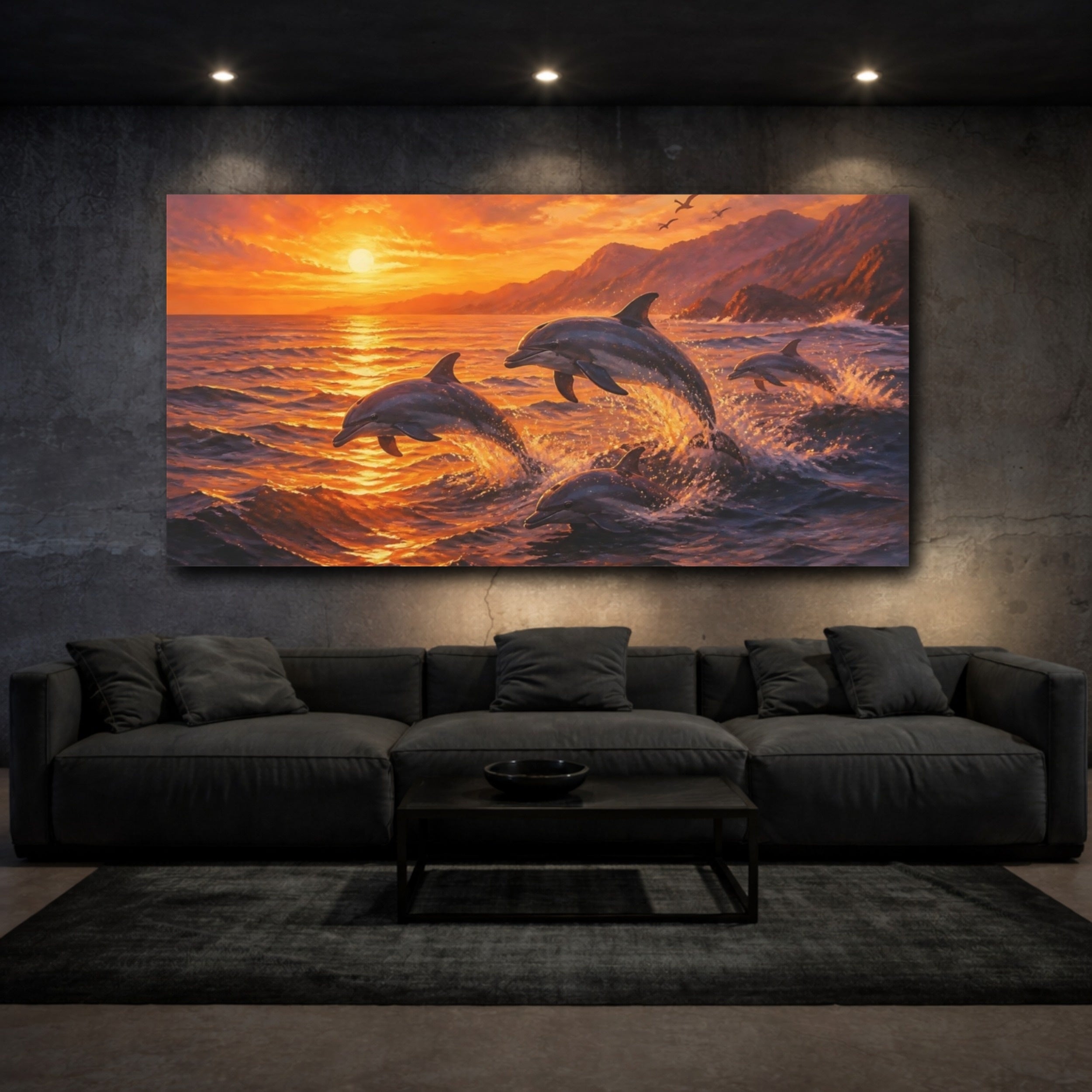 Mockup 3. Animals Dolphins Orange Sunset shown as stretched canvas wall art