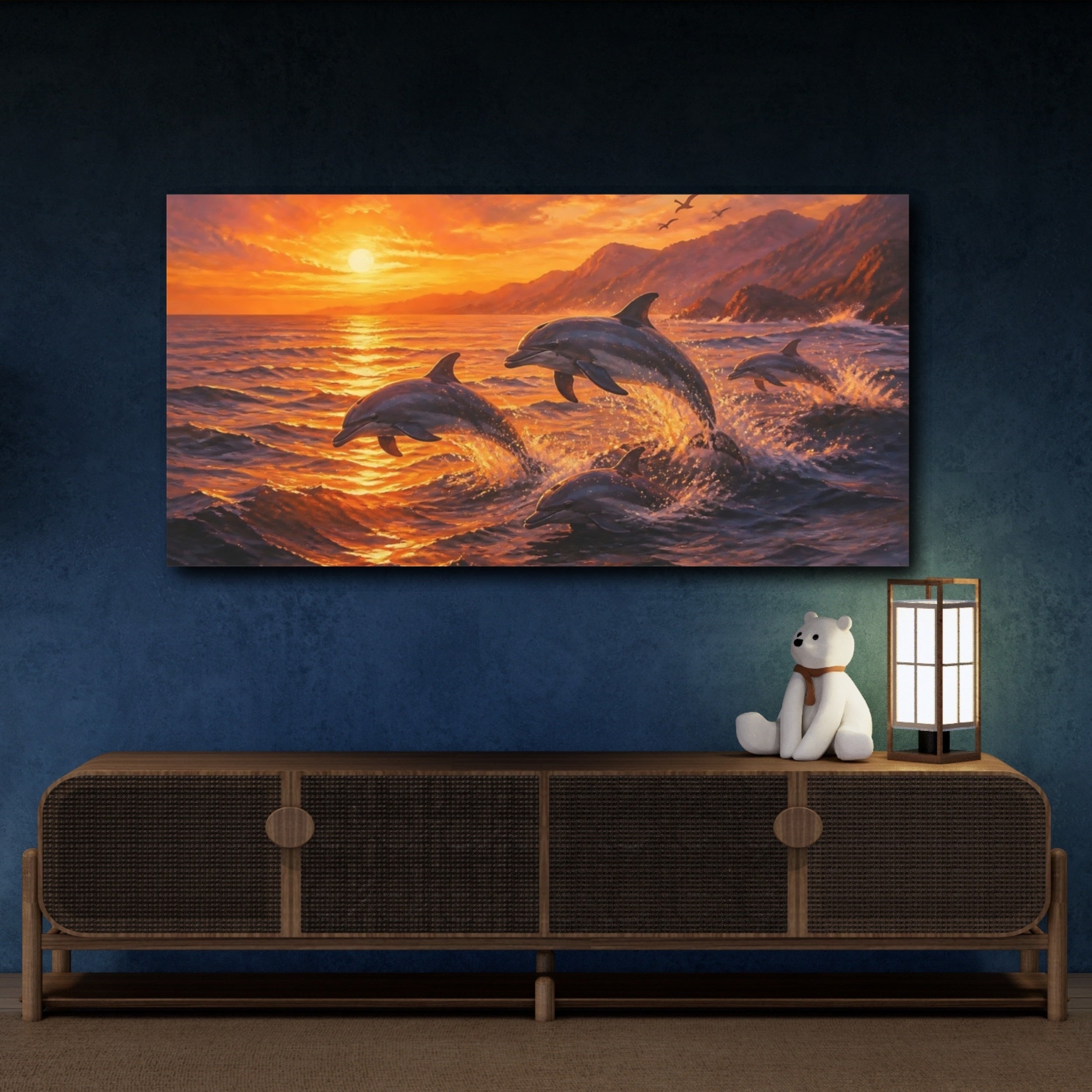 Mockup 4. Animals Dolphins Orange Sunset shown as stretched canvas wall art