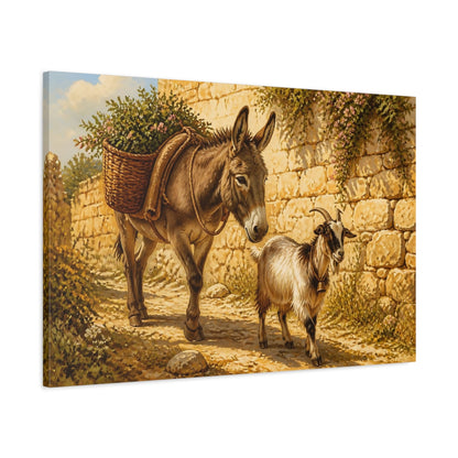 Main Mockup. Animals Donkey Goat Brown And Gold shown as stretched canvas wall art