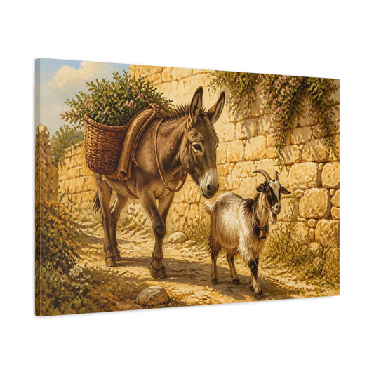 Main Mockup. Animals Donkey Goat Brown And Gold shown as stretched canvas wall art