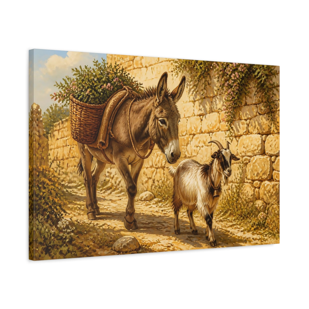 Side Mockup 2. Animals Donkey Goat Brown And Gold shown as stretched canvas wall art