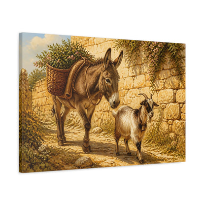 Side Mockup 2. Animals Donkey Goat Brown And Gold shown as stretched canvas wall art