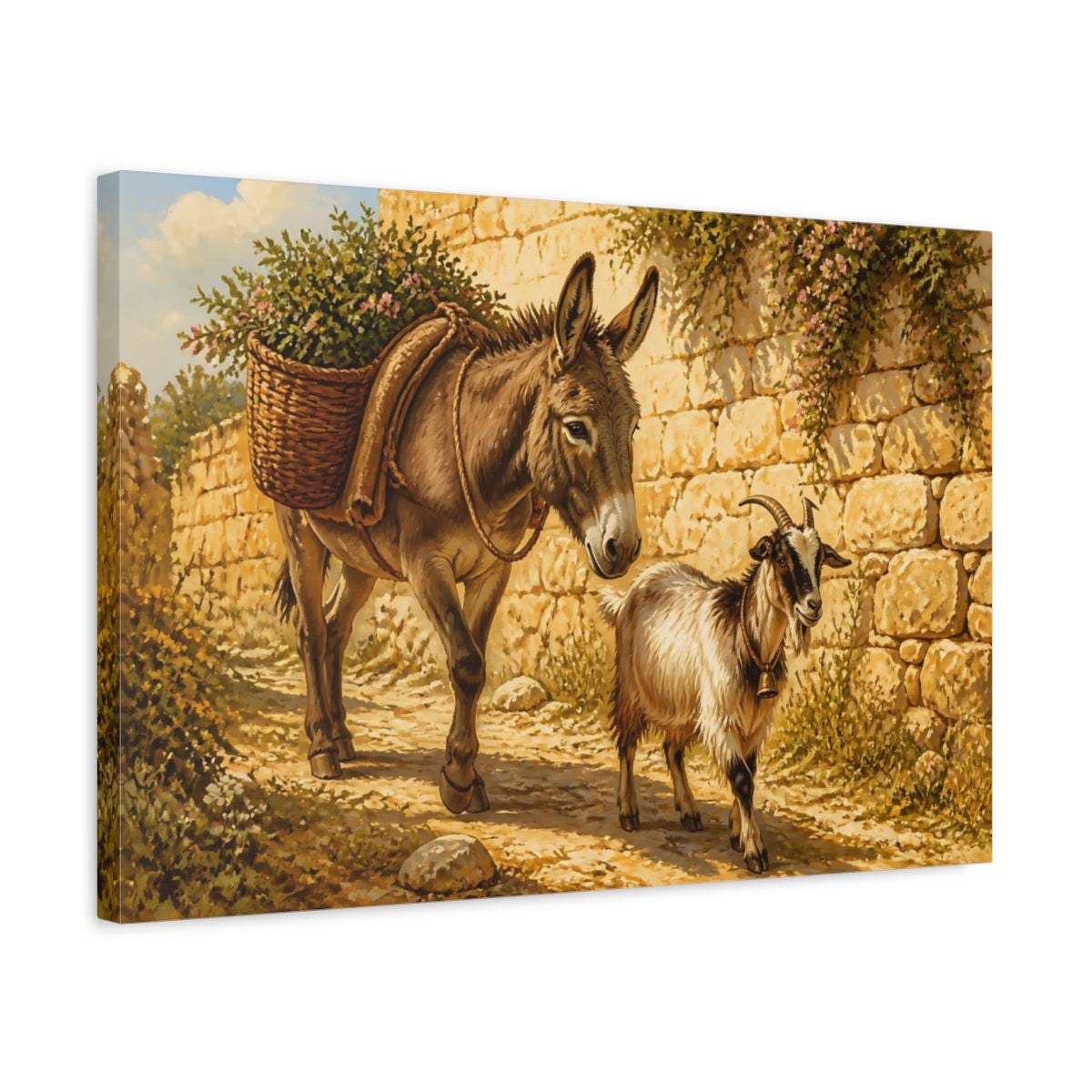 Side Mockup 3. Animals Donkey Goat Brown And Gold shown as stretched canvas wall art