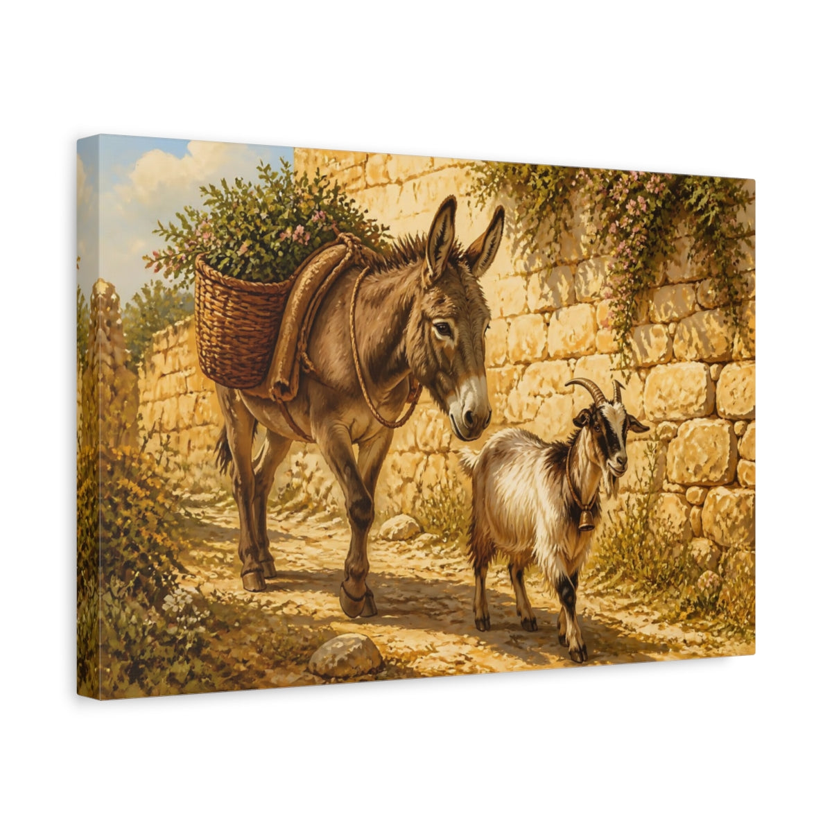 Side Mockup 4. Animals Donkey Goat Brown And Gold shown as stretched canvas wall art