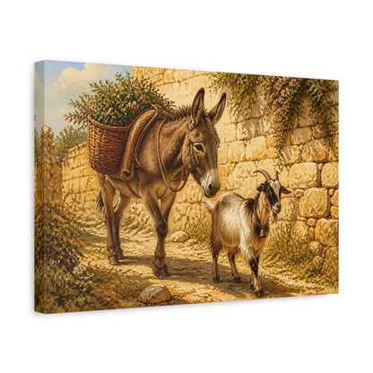 Side Mockup 4. Animals Donkey Goat Brown And Gold shown as stretched canvas wall art