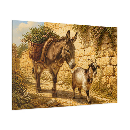 Side Mockup 1. Animals Donkey Goat Brown And Gold shown as stretched canvas wall art