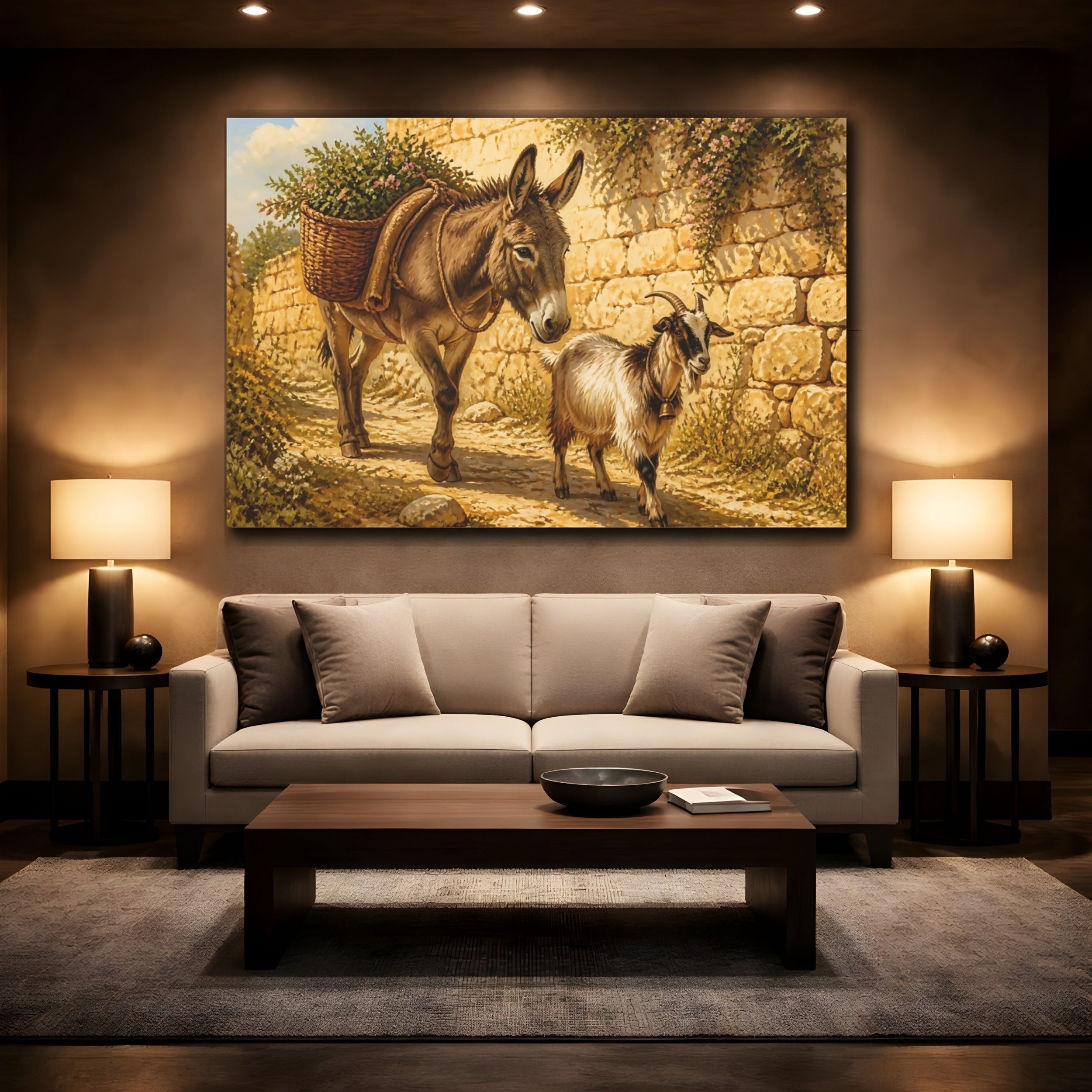 Mockup 2. Animals Donkey Goat Brown And Gold shown as stretched canvas wall art