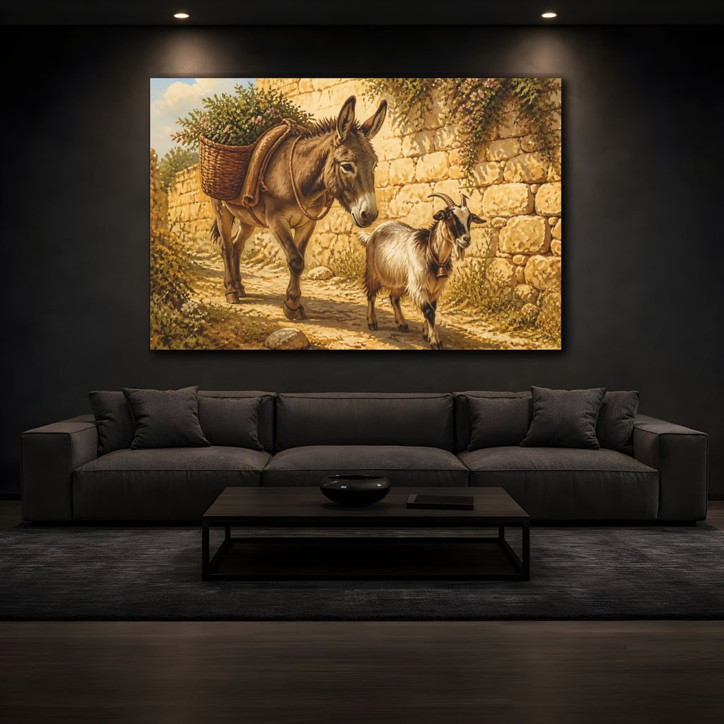 Mockup 3. Animals Donkey Goat Brown And Gold shown as stretched canvas wall art
