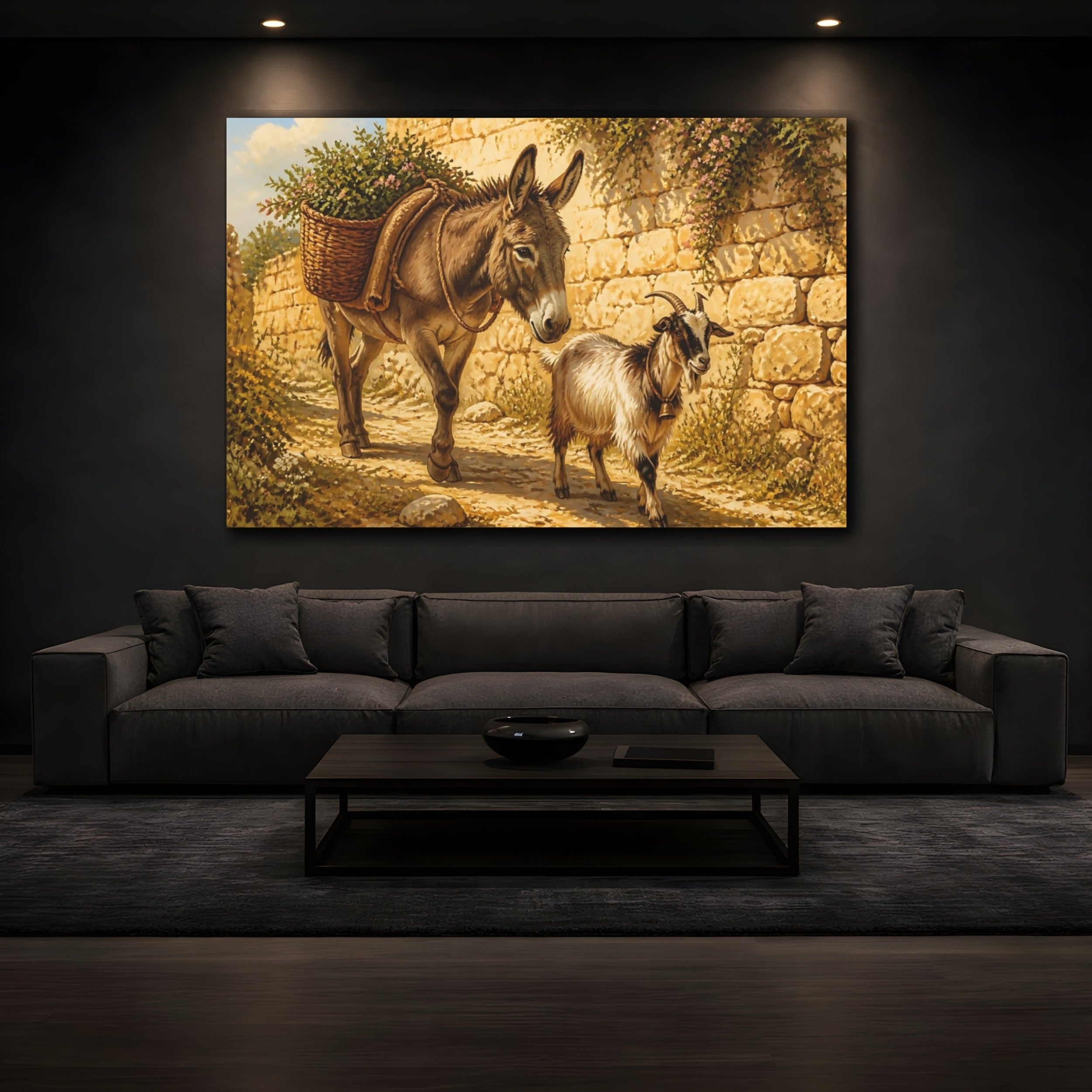 Mockup 3. Animals Donkey Goat Brown And Gold shown as stretched canvas wall art