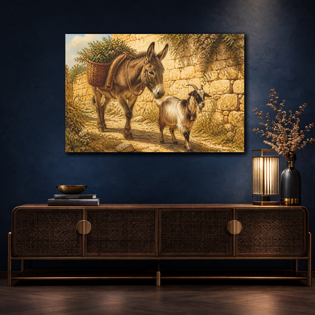 Mockup 4. Animals Donkey Goat Brown And Gold shown as stretched canvas wall art
