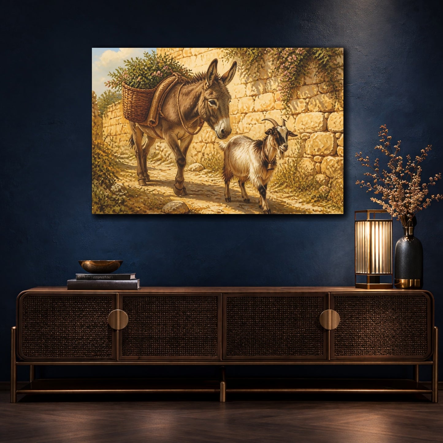 Mockup 4. Animals Donkey Goat Brown And Gold shown as stretched canvas wall art
