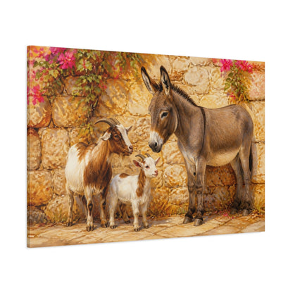 Side Mockup 1. Animals Donkey Goats Brown And Pink Farm shown as stretched canvas wall art