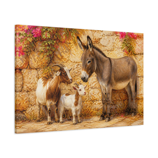 Main Mockup. Animals Donkey Goats Brown And Pink Farm shown as stretched canvas wall art