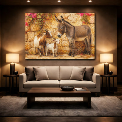 Mockup 2. Animals Donkey Goats Brown And Pink Farm shown as stretched canvas wall art