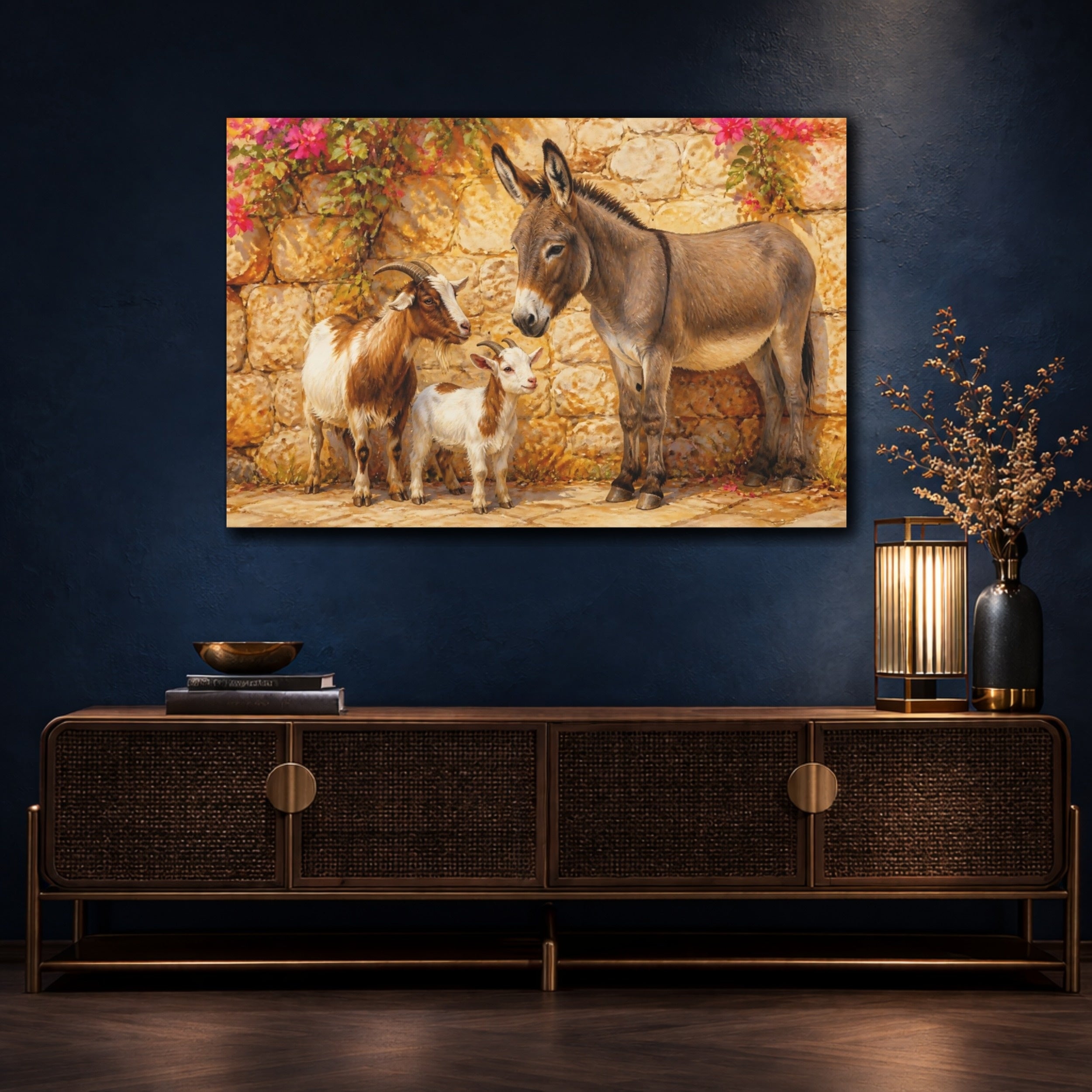 Mockup 4. Animals Donkey Goats Brown And Pink Farm shown as stretched canvas wall art