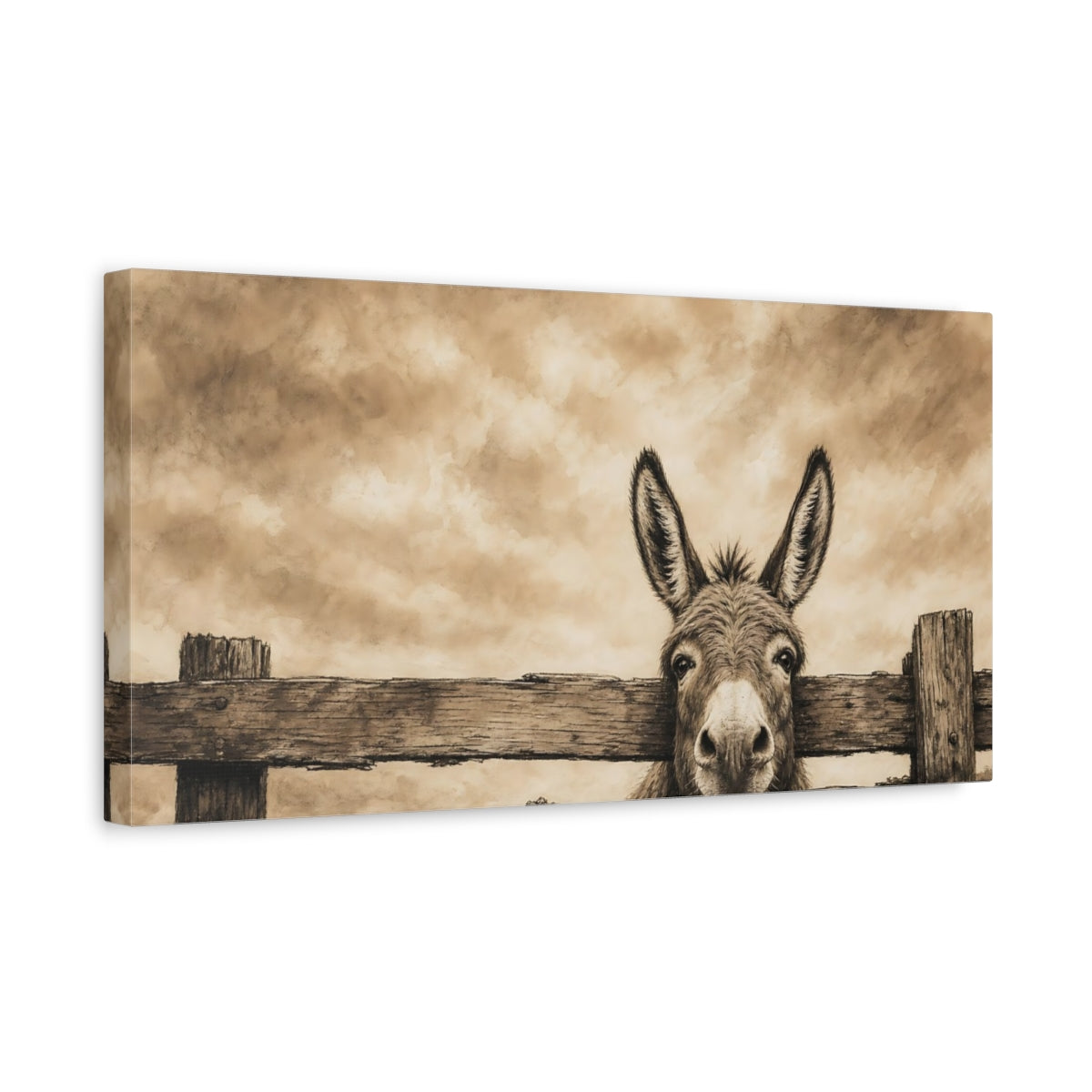Side Mockup 3. Animals Donkey Sepia Donkey shown as stretched canvas wall art