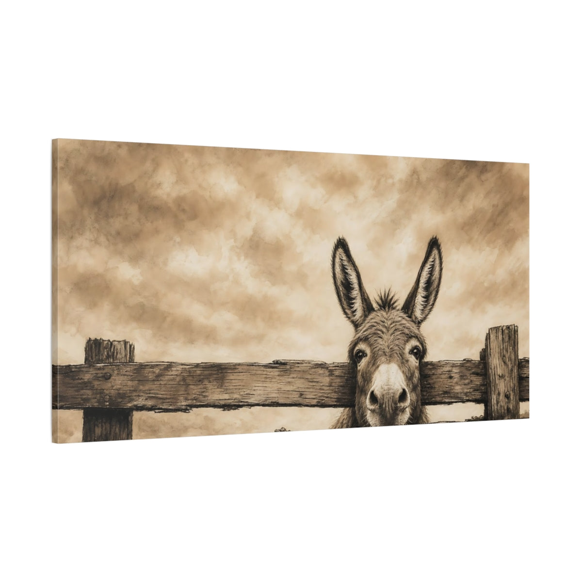 Side Mockup 2. Animals Donkey Sepia Donkey shown as stretched canvas wall art
