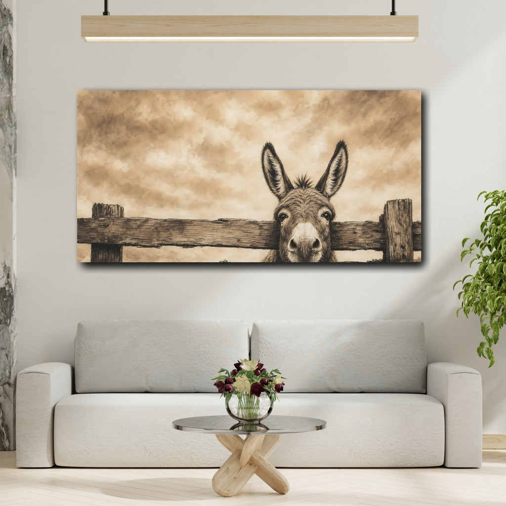 Mockup 2. Animals Donkey Sepia Donkey shown as stretched canvas wall art