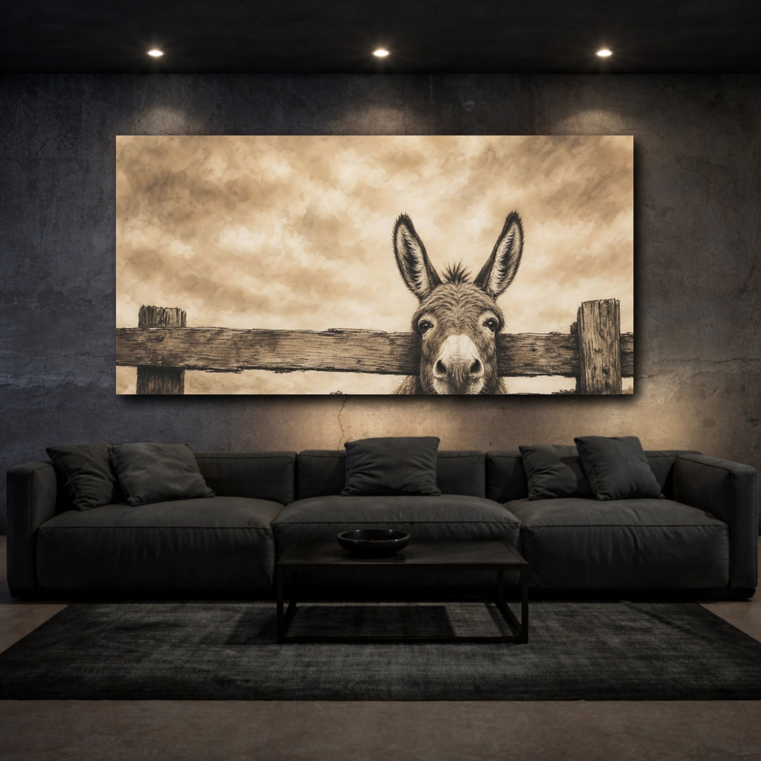 Mockup 3. Animals Donkey Sepia Donkey shown as stretched canvas wall art