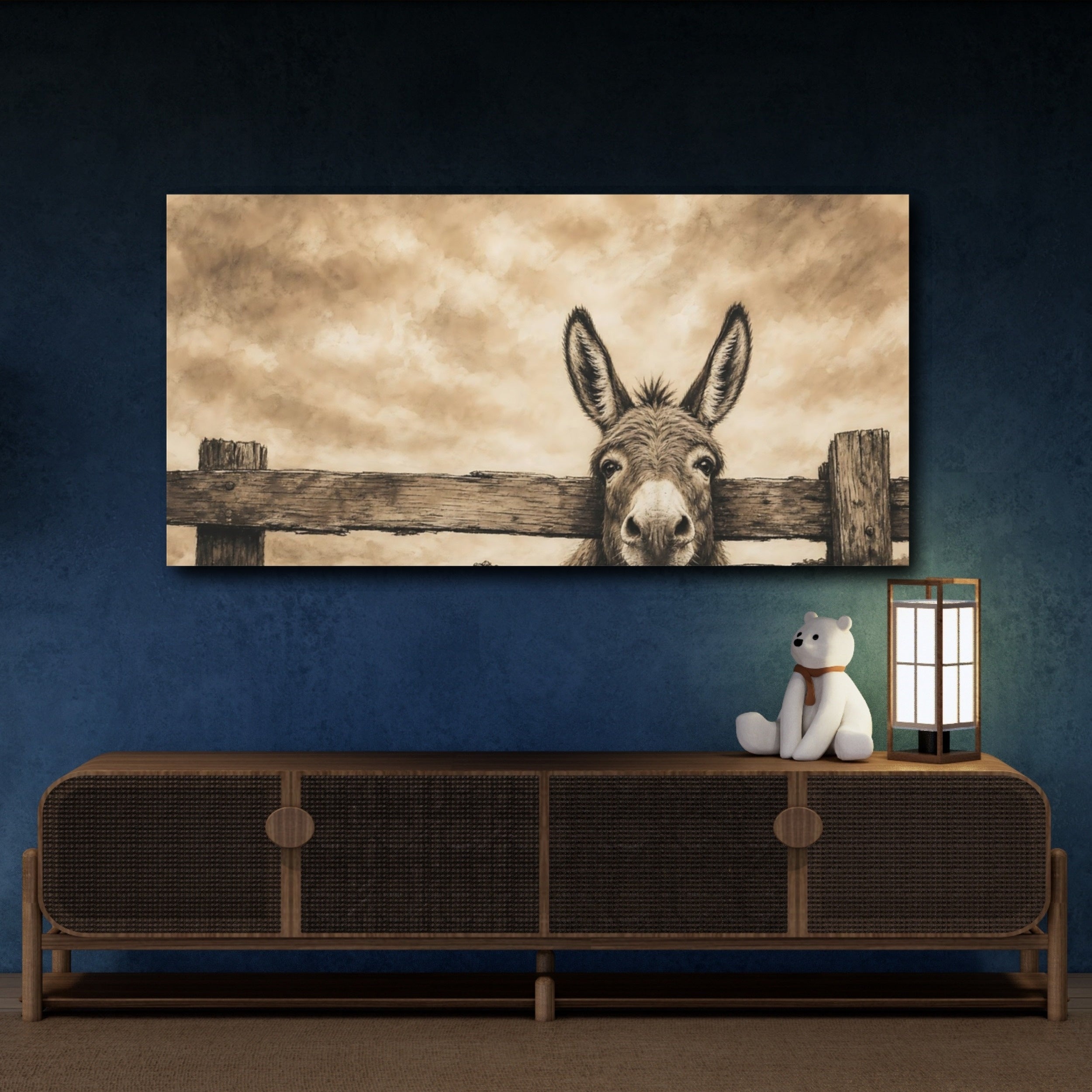 Mockup 4. Animals Donkey Sepia Donkey shown as stretched canvas wall art