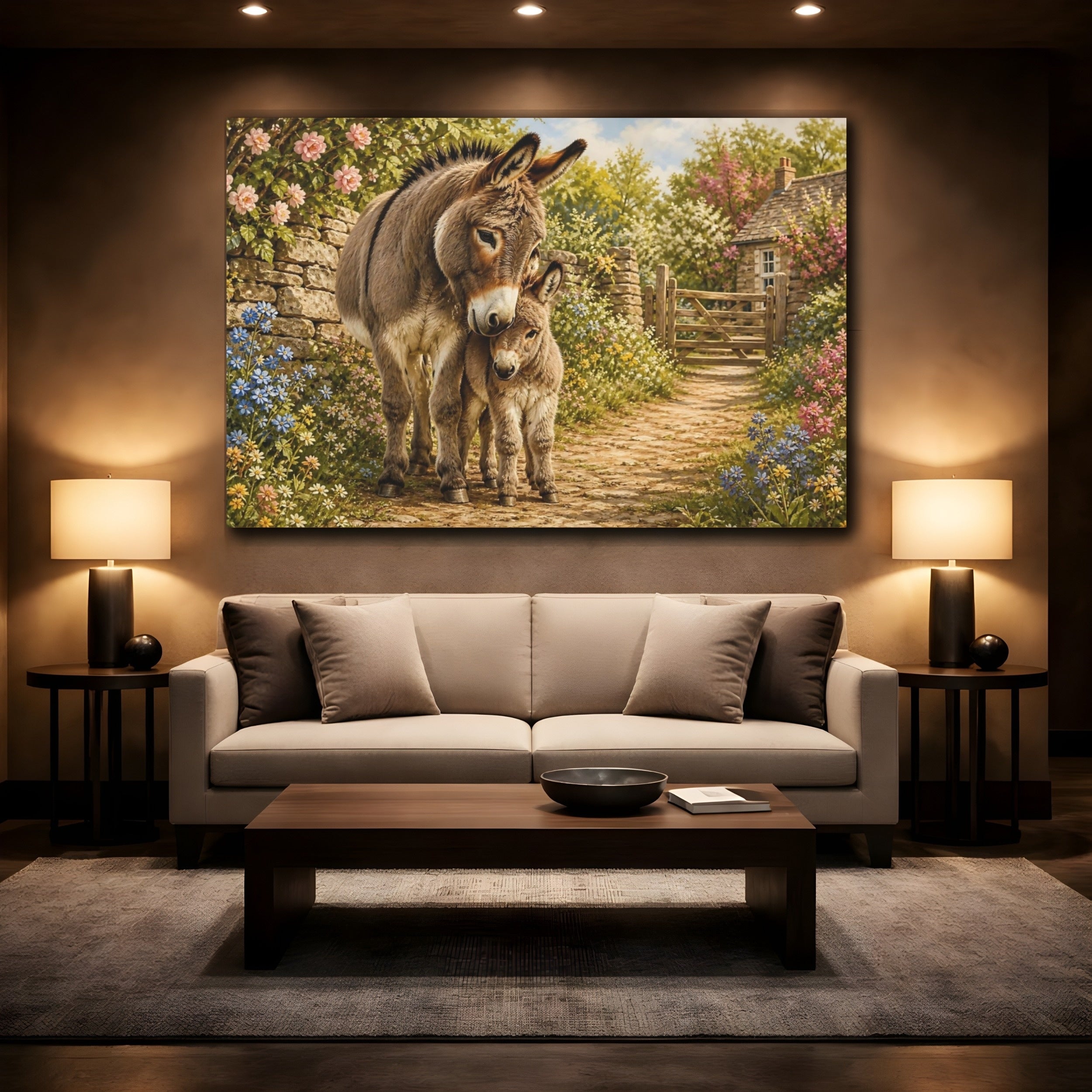 Mockup 2. Animals Donkeys Donkey Family shown as stretched canvas wall art