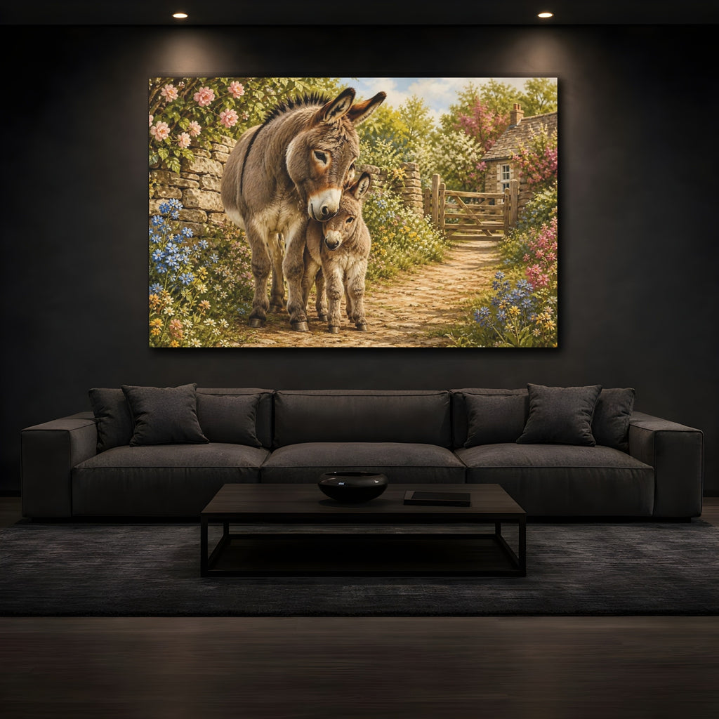 Mockup 3. Animals Donkeys Donkey Family shown as stretched canvas wall art