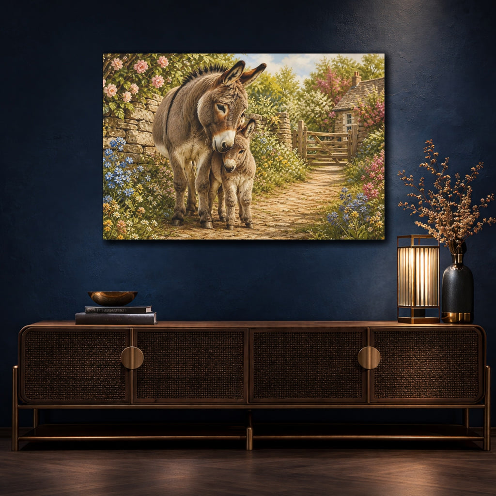 Mockup 4. Animals Donkeys Donkey Family shown as stretched canvas wall art
