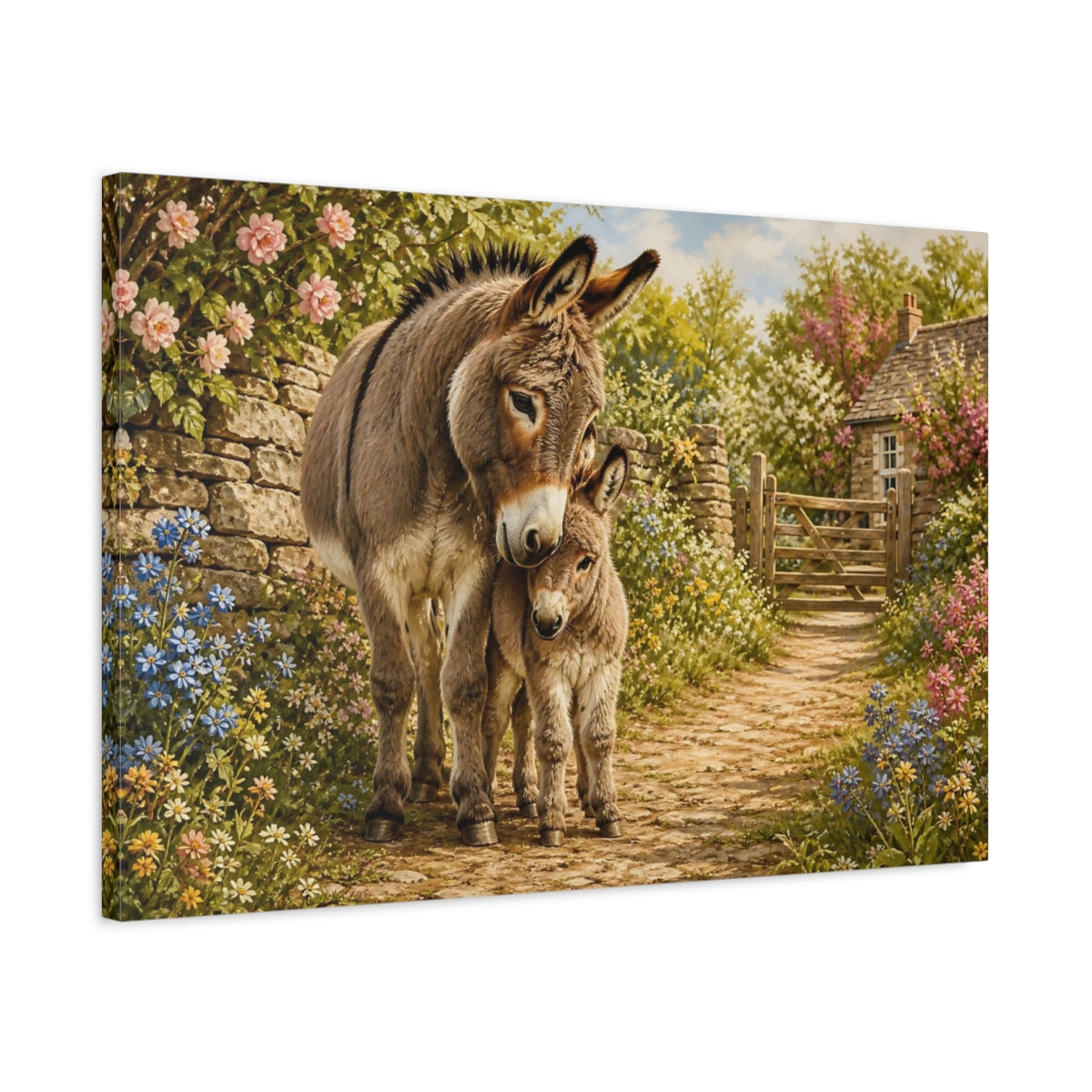 Side Mockup 2. Animals Donkeys Donkey Family shown as stretched canvas wall art