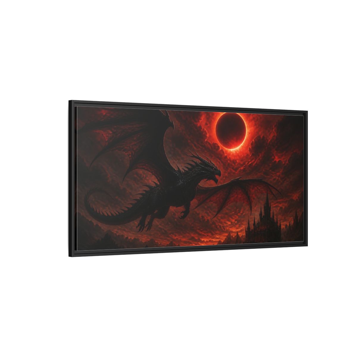 Side Mockup 5. Animals Dragon Beneath Red Eclipse shown as framed canvas print